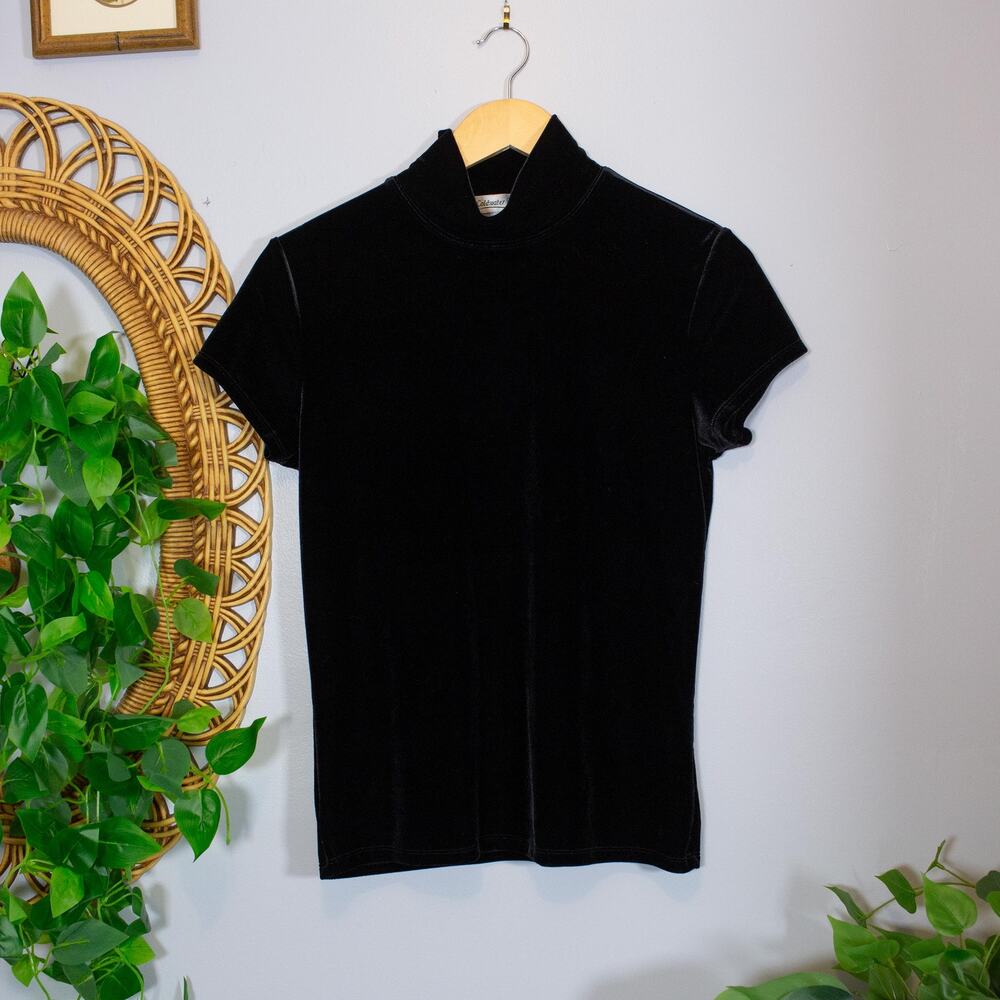 VTG Black Stretch Velvet Mock Neck Top Minimalist Whimsigoth | Dark Winter